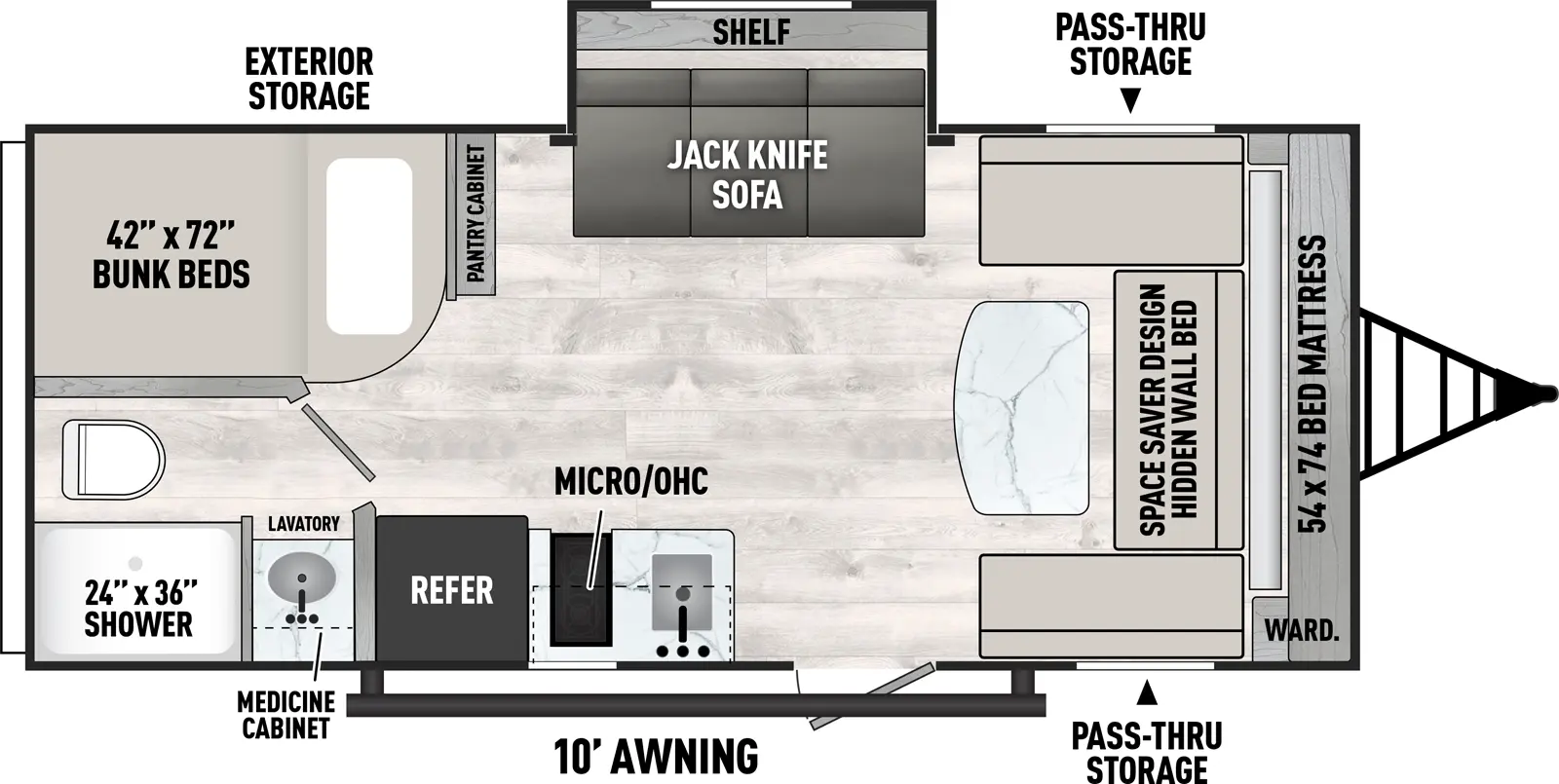 The Clipper Travel Trailers 18DBS floorplan has one entry and one slide out. Exterior features include: metal exterior and 10' awning. Interiors features include: bunk beds.